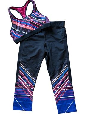 C9 BY CHAMPION ATHLETIC CAPRI LEGGINGS & SPORTS BRA BLACK MULTI COLOR STRIPE MED